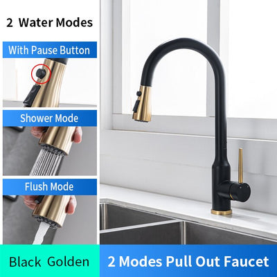 Black with brushed gold modern single hole pull out dual sprayer kitchen faucet