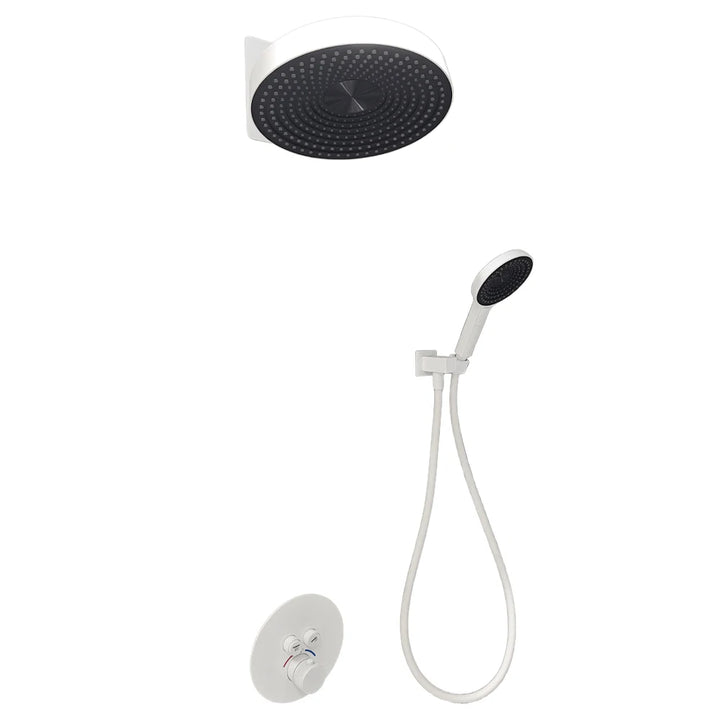 White Round Concealed Thermostatic Shower System 320mm Rainfall Solid Brass Wall Mounted Anti-Scald 3-Function Hand Shower Bathroom Set