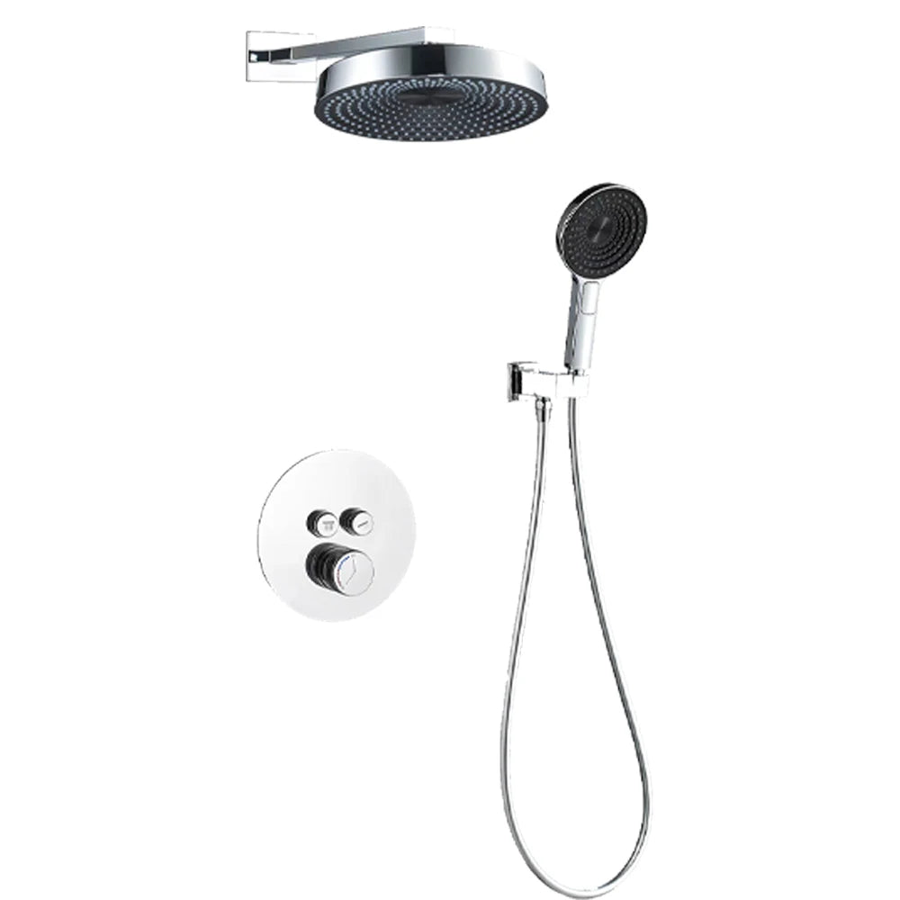 White Round Concealed Thermostatic Shower System 320mm Rainfall Solid Brass Wall Mounted Anti-Scald 3-Function Hand Shower Bathroom Set