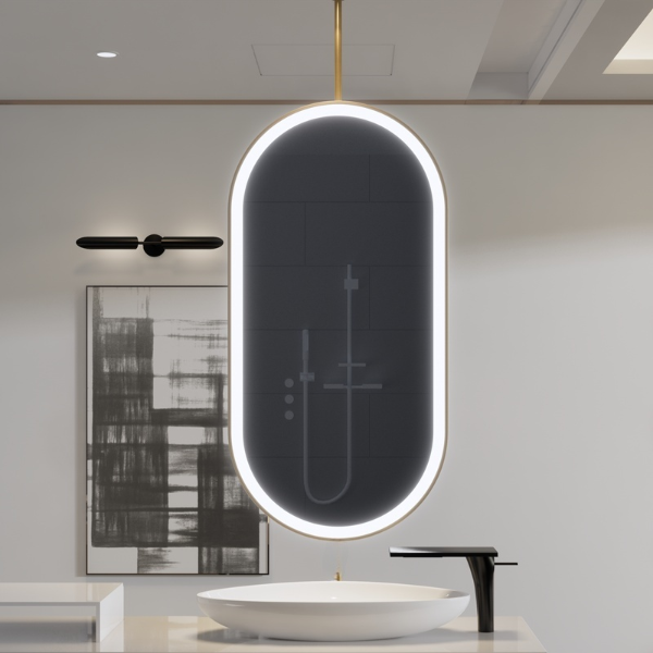 STOCK READY TO SHIP- Brushed Gold Oval One side Suspended Ceiling Mounted Bathroom LED Mirror 20"x36"