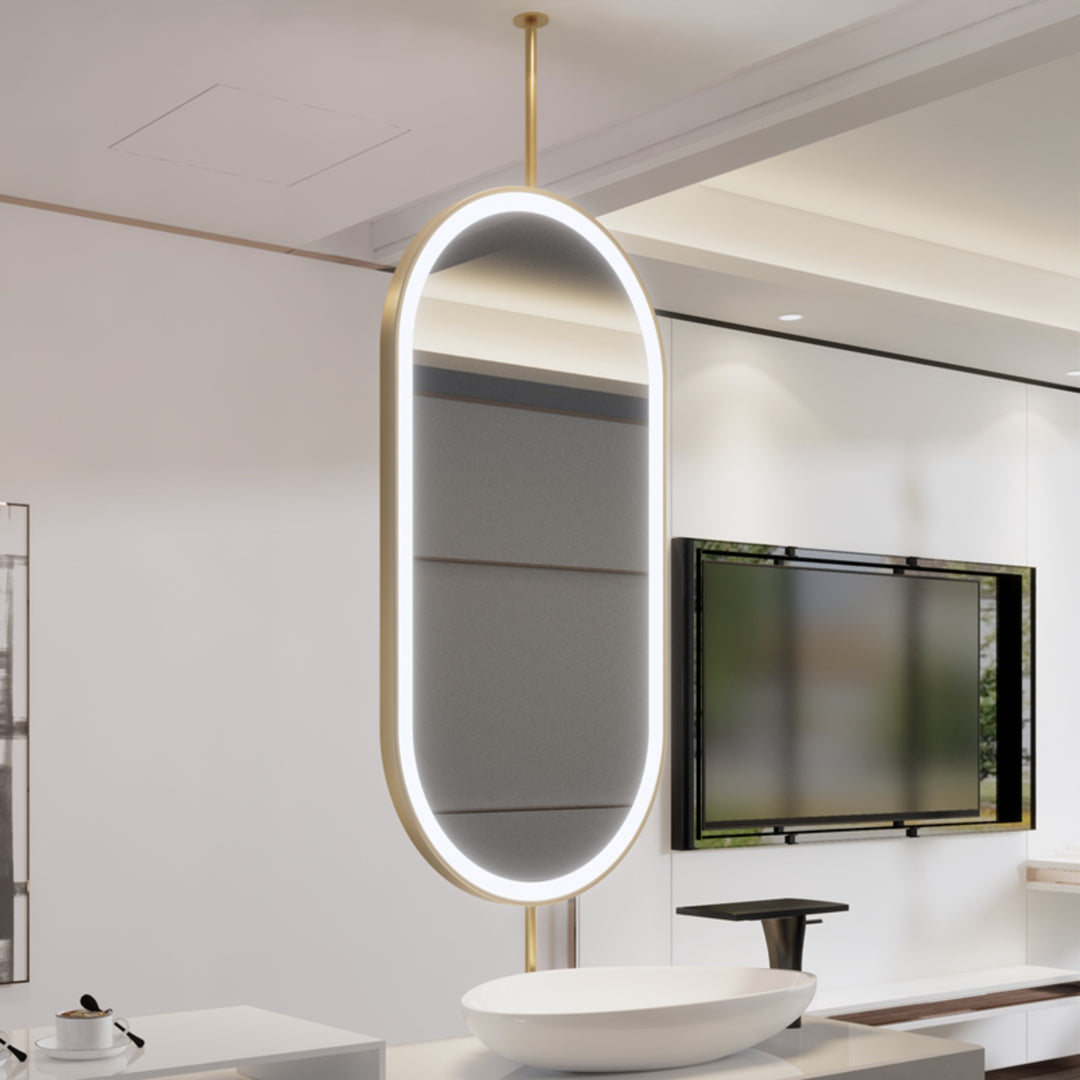 Stock-Brushed gold-Oval ceiling DOUBLE Sided Suspended Ceiling LED Mirrors 30"x42"