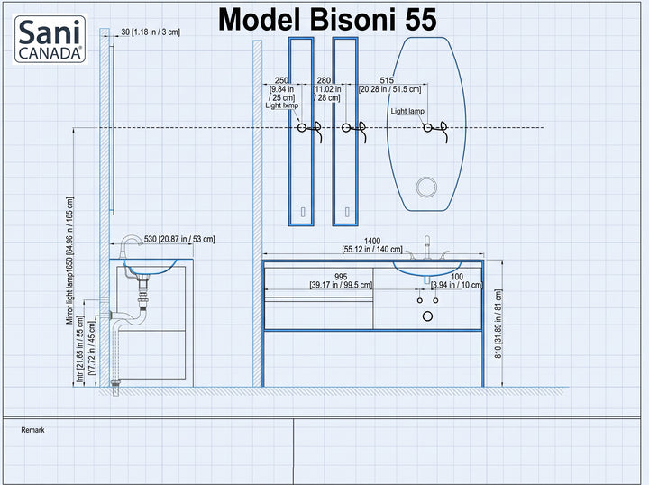 Ensemble de meuble-lavabo Bisoni-White mat pour salle de bain avec cadre en acier doré brossé et dessus en quartz 55