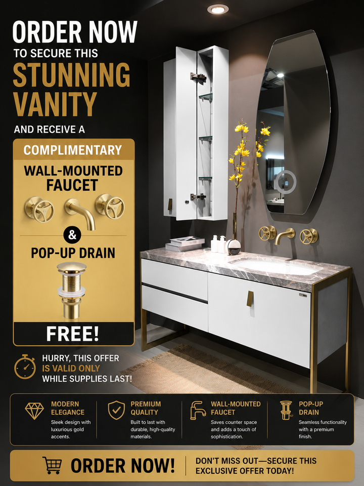 Bisoni-White matte bathroom brushed gold steel framed quarzt top completed vanity set 55
