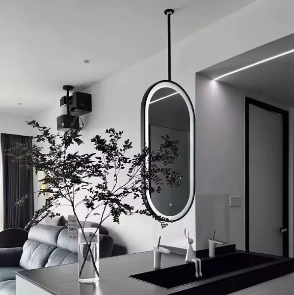 STOCK READY TO SHIP-Black- Oval -1 Side Ceiling Mounted Suspended LED Mirror 20"X32'