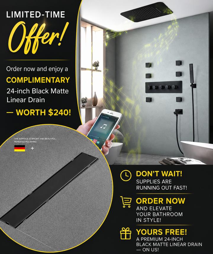 Black ceiling Bluetooth music 24"x15" rain ,waterfall, mist LED SPA completed shower system kit