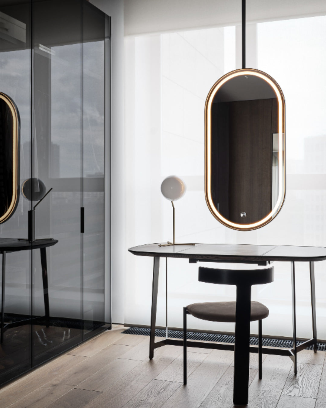 Custom-PARIS 1- Black Oval shape One Side Ceiling Mounted Oval Mirror Bathroom LED Sensor Full Length Mirror