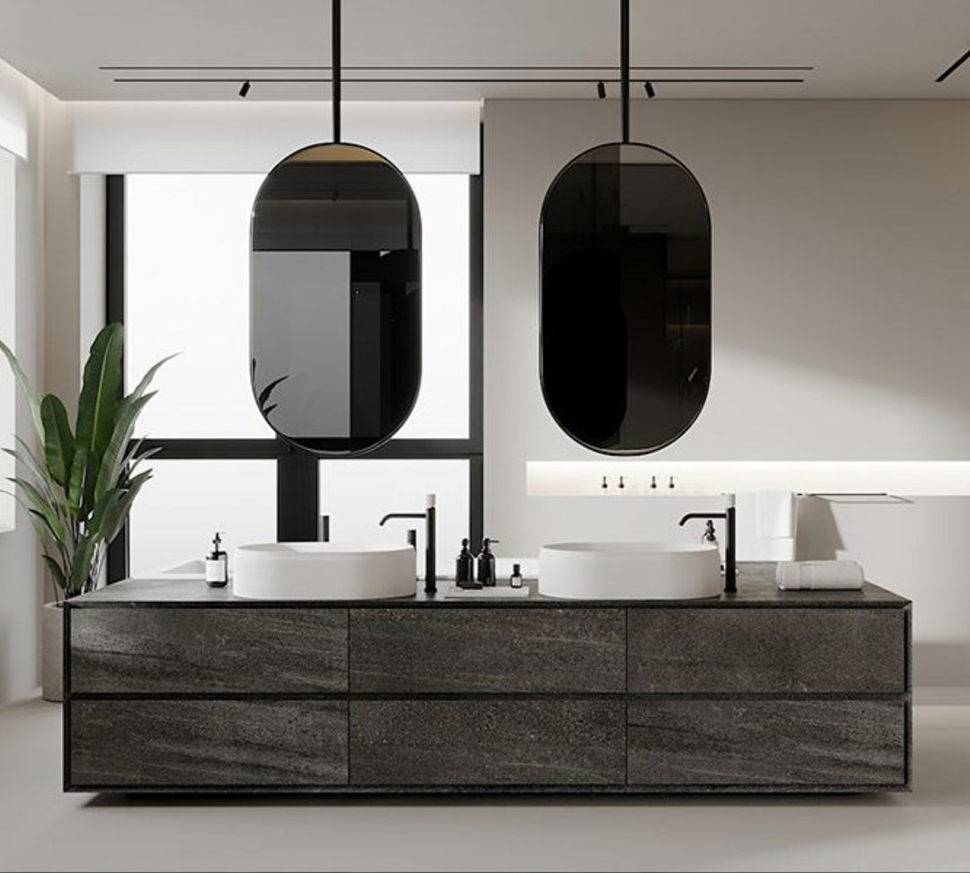 Custom-Black Matte Oval NO LED ceiling mount pendant bathroom mirror