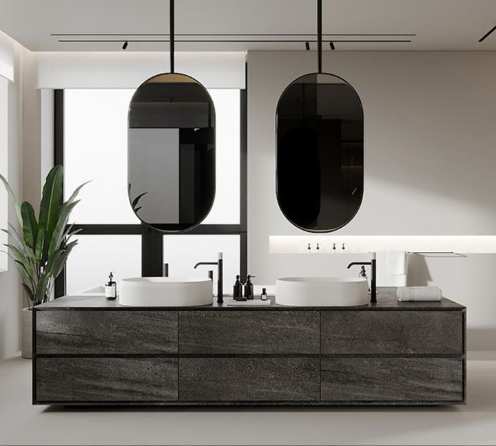 Custom-Black Matte Oval NO LED ceiling mount pendant bathroom mirror