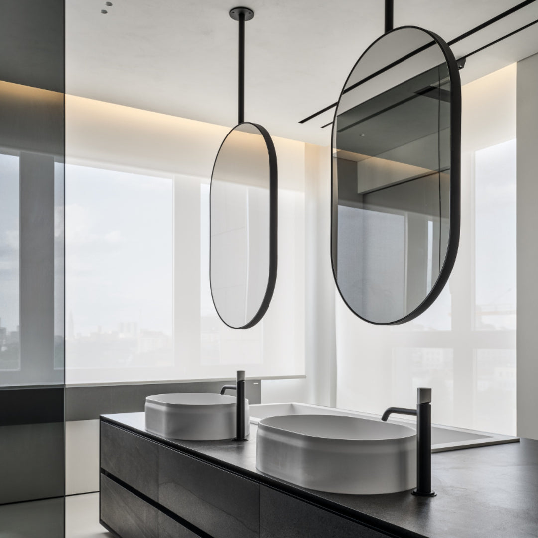 Custom-Black Matte Oval NO LED ceiling mount pendant bathroom mirror