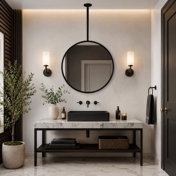 STOCK-Round 1 Side Glass Suspended No LED Celing Mounted Pendant Bathroom Mirror 24"