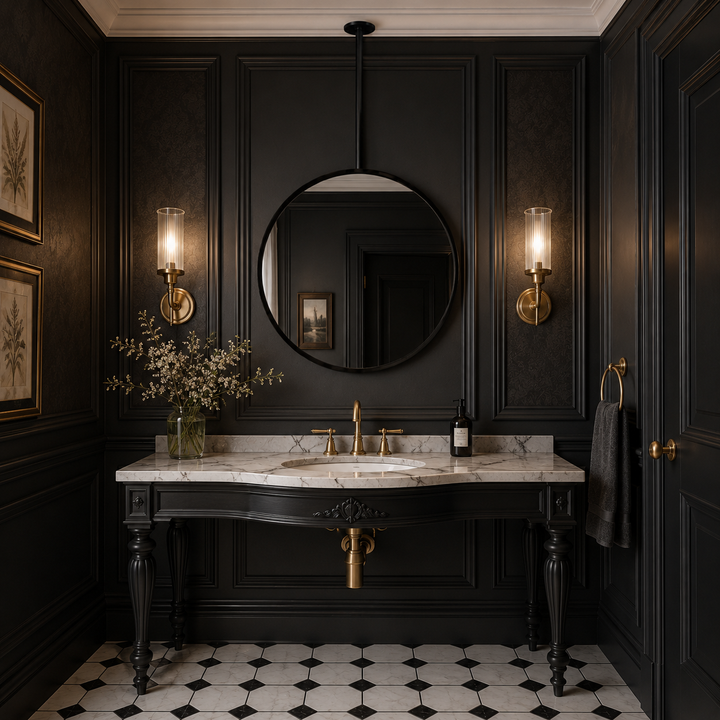 STOCK-Round 1 Side Glass Suspended No LED Celing Mounted Pendant Bathroom Mirror 24"