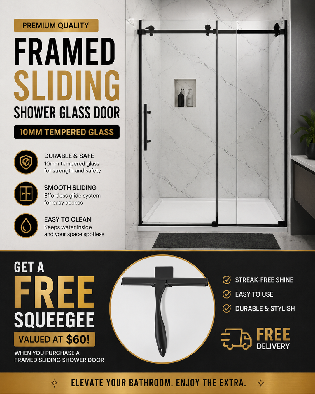 Black-SS05- Frameless slide roller clear tempered shower glass door-10mm size 60"x76"