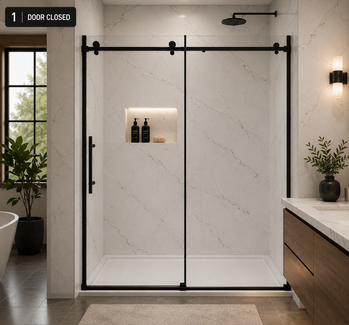 Black-SS05- Frameless slide roller clear tempered shower glass door-10mm size 60"x76"