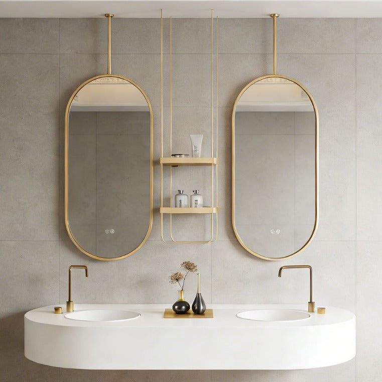 STOCK READY TO SHIP- Brushed Gold Oval ceiling suspended mount bathroom mirror NO LED 24"x48"