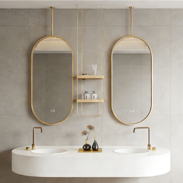 STOCK READY TO SHIP- Brushed Gold Oval ceiling suspended mount bathroom mirror NO LED 24"x48"
