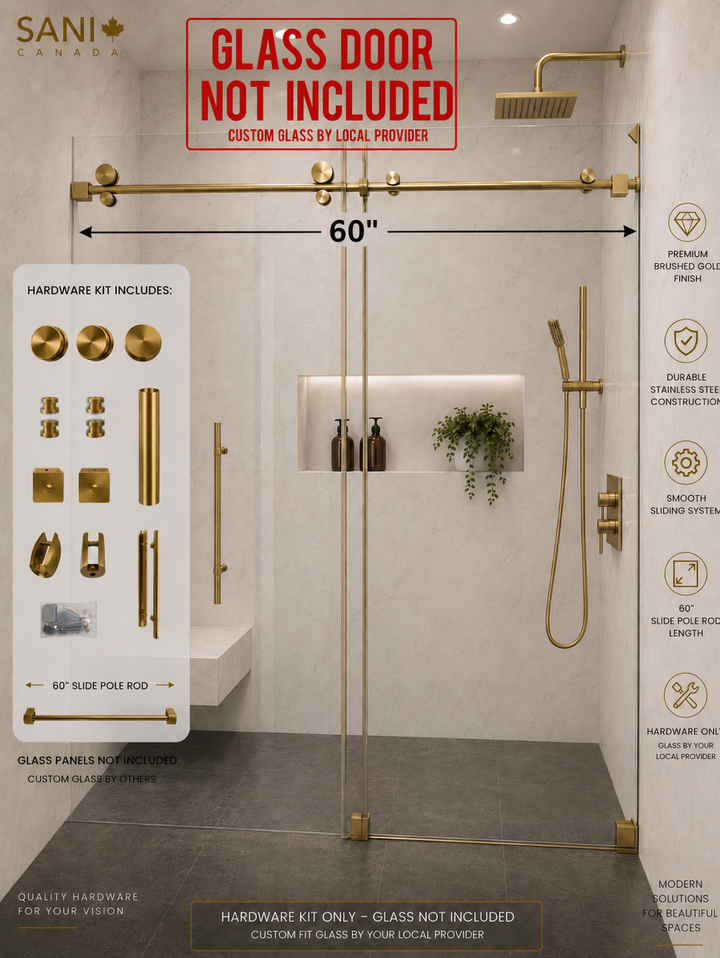 A promotional graphic for a custom hardware kit for a walk-in shower enclosure, showing a bathroom scene with a gold-framed shower rod, hand shower, and wall-mounted shelf, plus an inset list of included hardware pieces. Large text says 'GLASS DOOR NOT INCLUDED' and indicates the kit is for local provider custom fit.