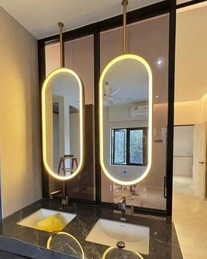 CUSTOM - Brushed Gold Oval One side Suspended Ceiling Mounted Bathroom LED Mirror