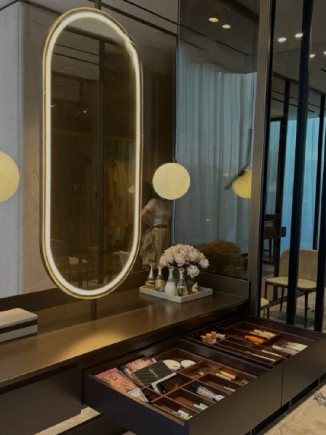CUSTOM - Brushed Gold Oval One side Suspended Ceiling Mounted Bathroom LED Mirror