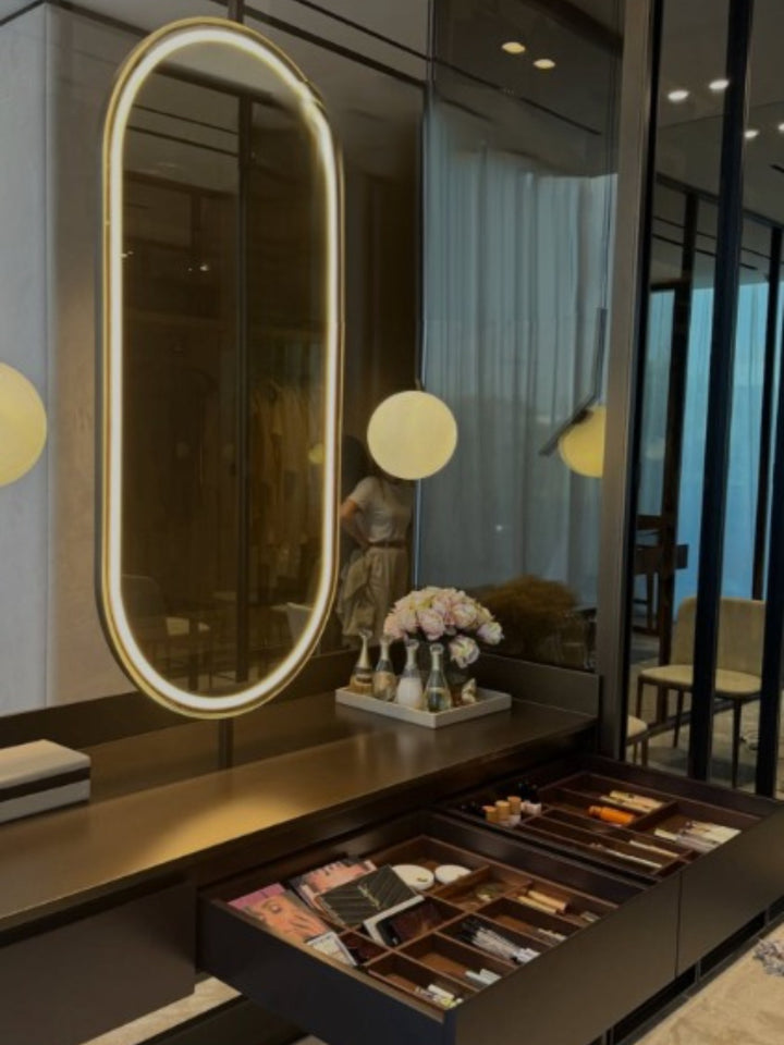 CUSTOM - Brushed Gold Oval One side Suspended Ceiling Mounted Bathroom LED Mirror