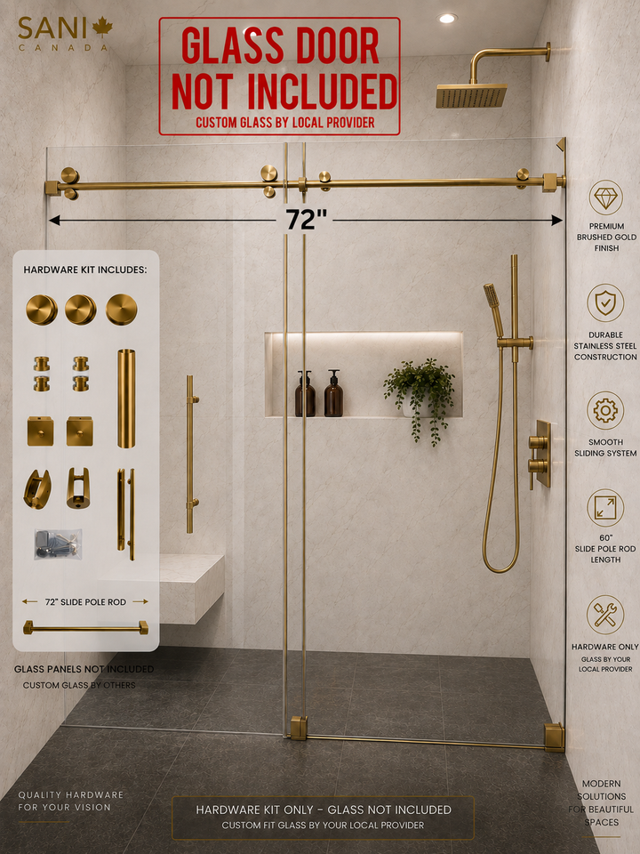 A promotional graphic for a gold-framed walk-in shower enclosure hardware kit. The image shows a bathroom interior with a glass shower door and gold hardware installed, plus an inset listing of included hardware pieces and text stating 'GLASS DOOR NOT INCLUDED' and 'CUSTOM GLASS BY LOCAL PROVIDER.