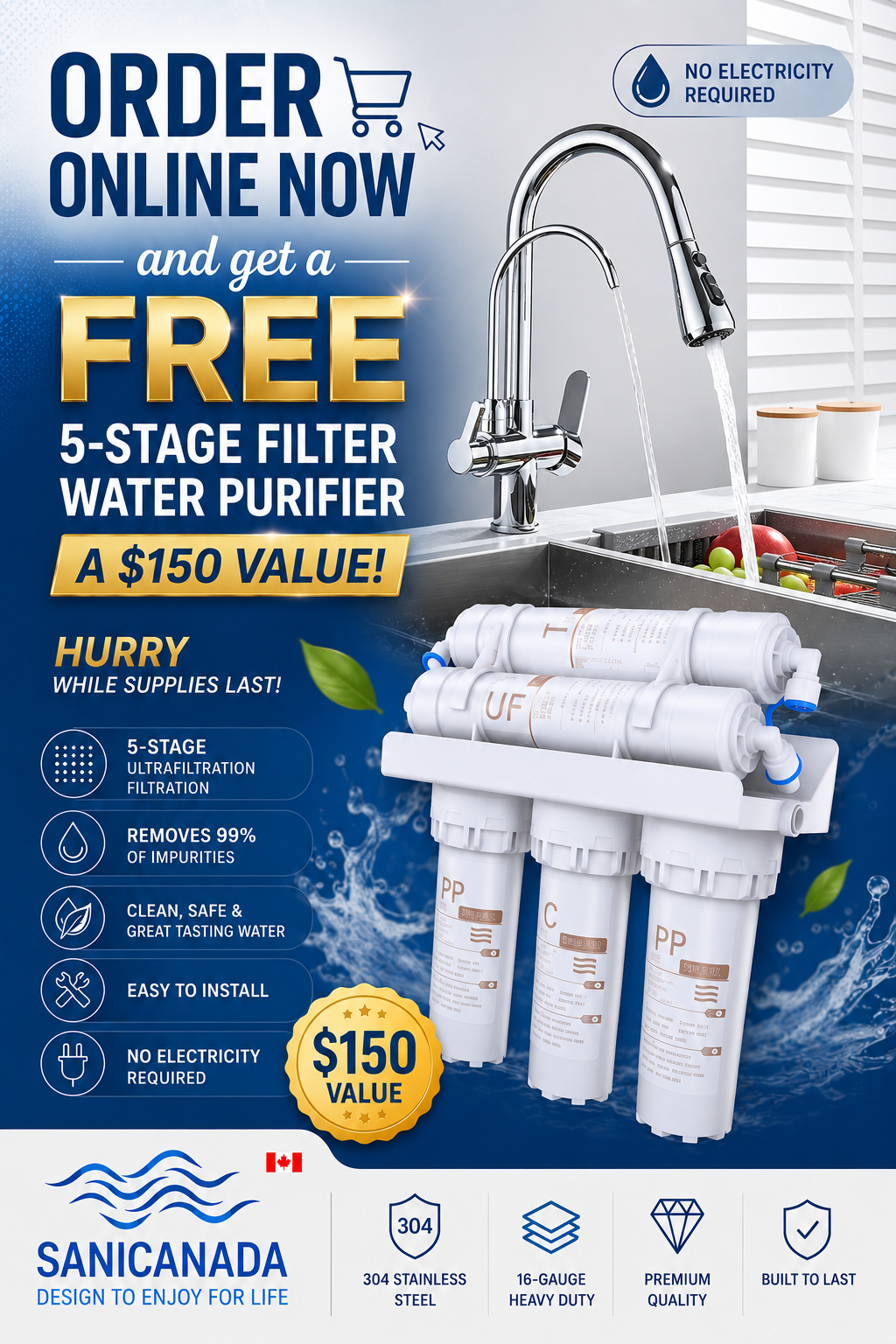 Tuscan-Chrome 3 in 1 way water filter and kitchen faucet