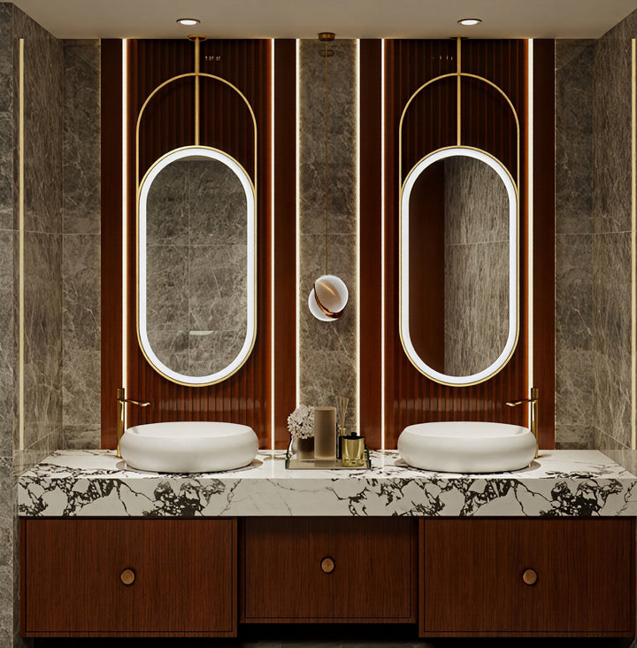 STOCK READY TO SHIP- Nordic- Oval shape Brushed Gold LED light celing mounted bathroom mirror 20"x36"