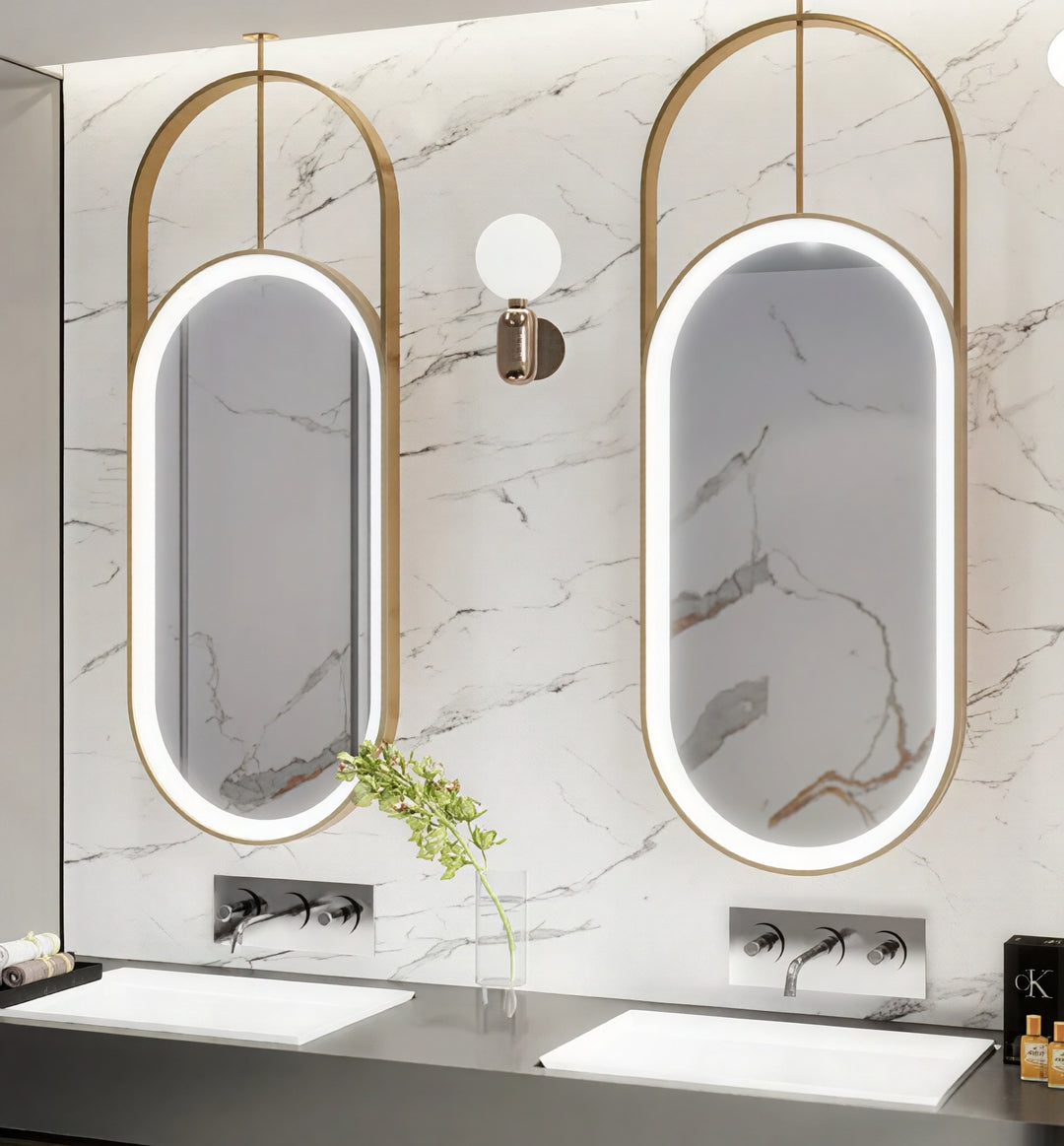 STOCK READY TO SHIP- Nordic- Oval shape Brushed Gold LED light celing mounted bathroom mirror 20"x36"