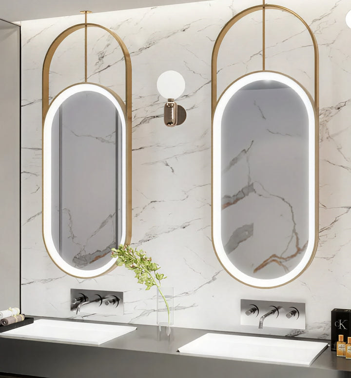 STOCK READY TO SHIP- Nordic- Oval shape Brushed Gold LED light celing mounted bathroom mirror 20"x36"