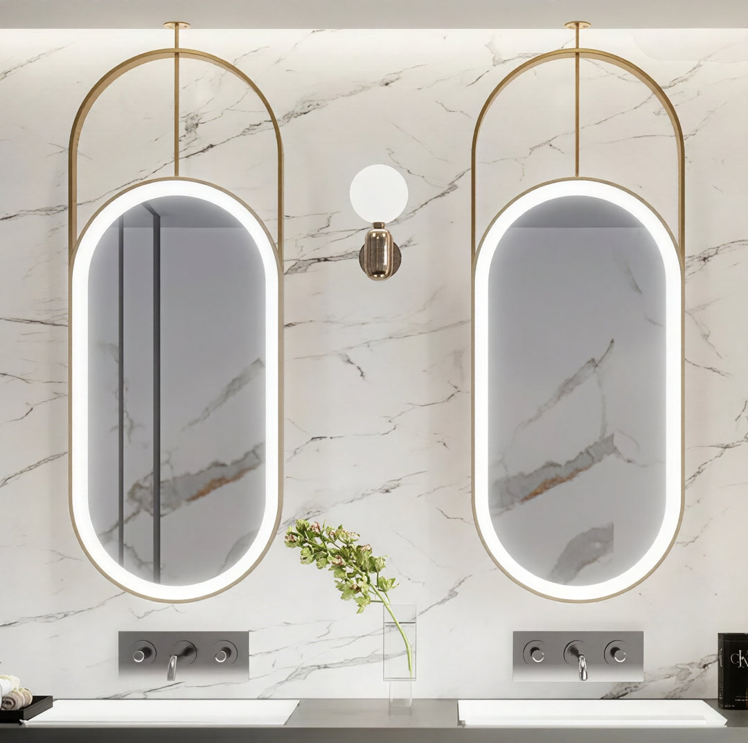 STOCK READY TO SHIP- Nordic- Oval shape Brushed Gold LED light celing mounted bathroom mirror 20"x36"