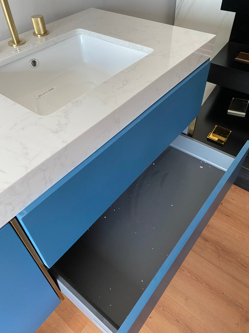 OPEN BOX MODEL BELLA-Sky blue - freestanding bathroom vanity set with quartz top stainless steel framed brushed gold trim