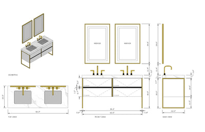 BELLA-White Matte freestanding bathroom vanity with brushed gold steel framed trim