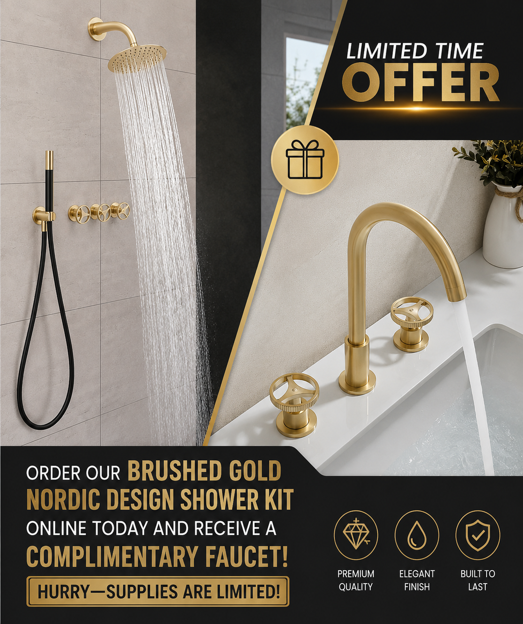 Bergen-Nordic Industrial design brushed gold 3 seperate volume control pressure balance 2 way shower kit