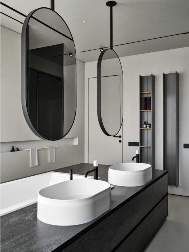 Custom-Black Matte Oval NO LED ceiling mount pendant bathroom mirror