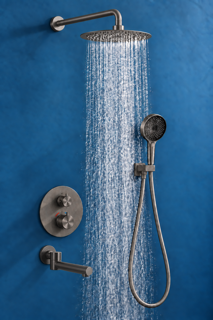 12" Gunmetal Round Rain Shower System – 2-3 Way Thermostatic Shower Kit with Handheld