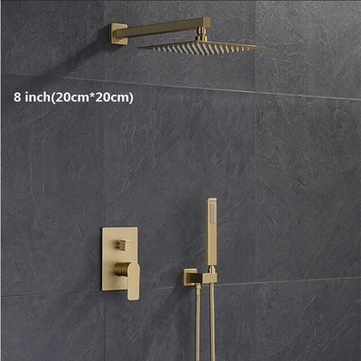 Brushed gold square 12 inch 3 way function diverter with hand spray and 6 body jets shower kit