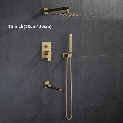 Brushed gold square 12 inch 3 way function diverter with hand spray and 6 body jets shower kit