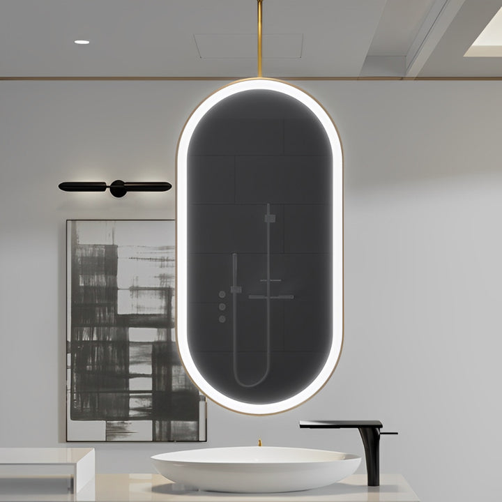 Stock-Brushed gold-Oval ceiling DOUBLE Sided Suspended Ceiling LED Mirrors 30"x42"