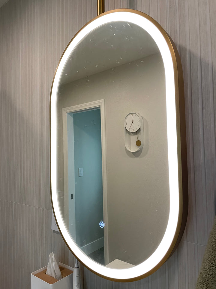 Custom-One Side Mirror-Brushed Gold-Suspended Ceiling Mounted Bathroom LED Mirror