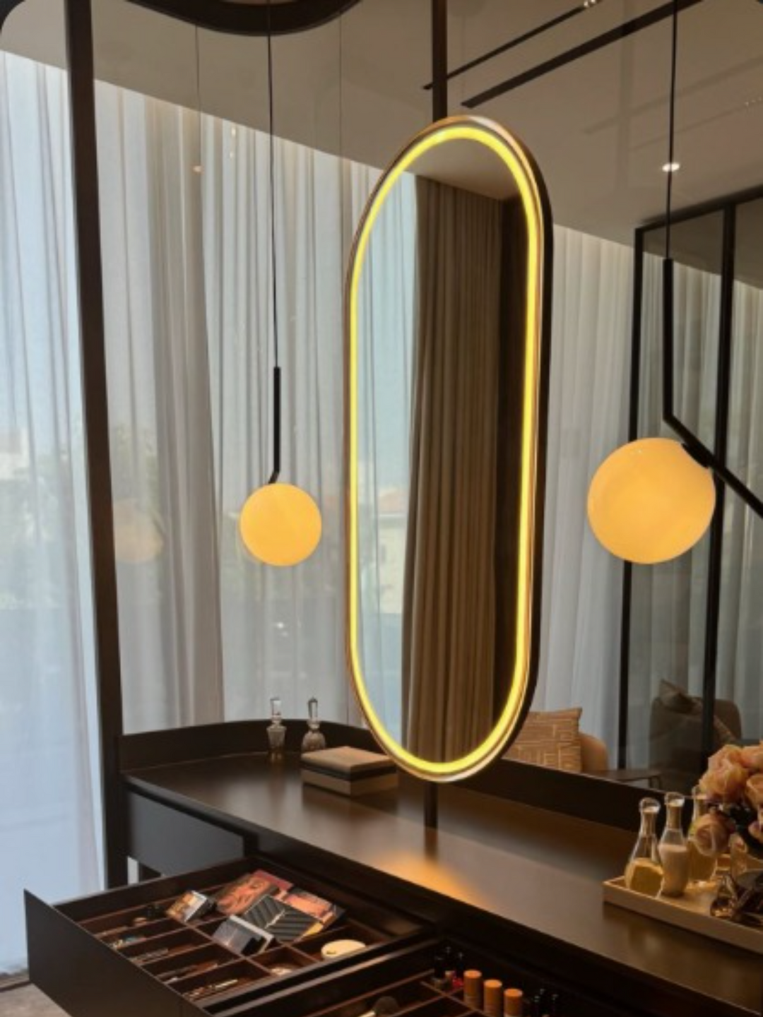 CUSTOM - Brushed Gold Oval One side Suspended Ceiling Mounted Bathroom LED Mirror