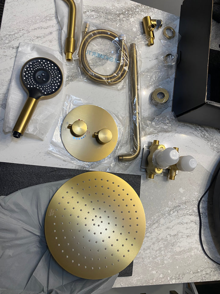 CSA Certified-Brushed Gold Round 10 Inch Rain Head 3 Way Diverter & Tub Filler Shower Kit