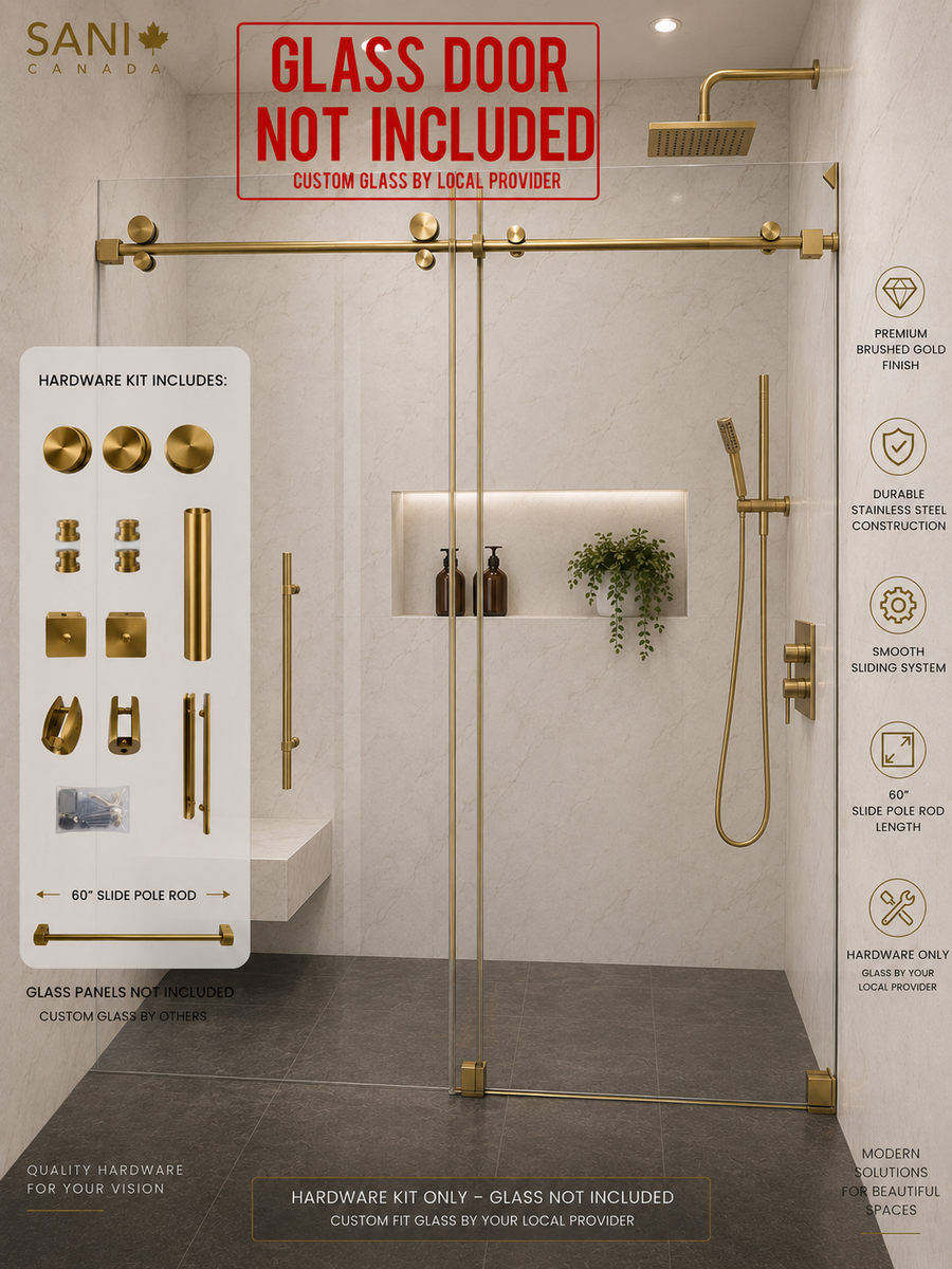 A frameless glass shower door system installed in a modern tiled bathroom. The product includes brushed gold hardware such as a top rail, door frame, handle, and shower rod.