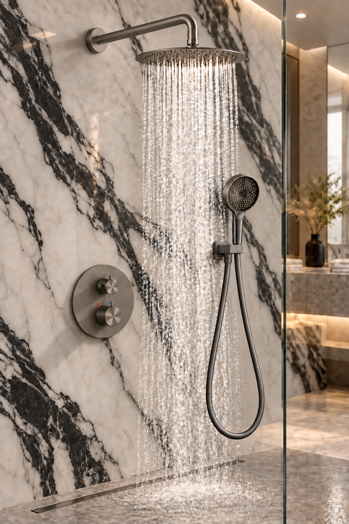12" Gunmetal Round Rain Shower System – 2-3 Way Thermostatic Shower Kit with Handheld