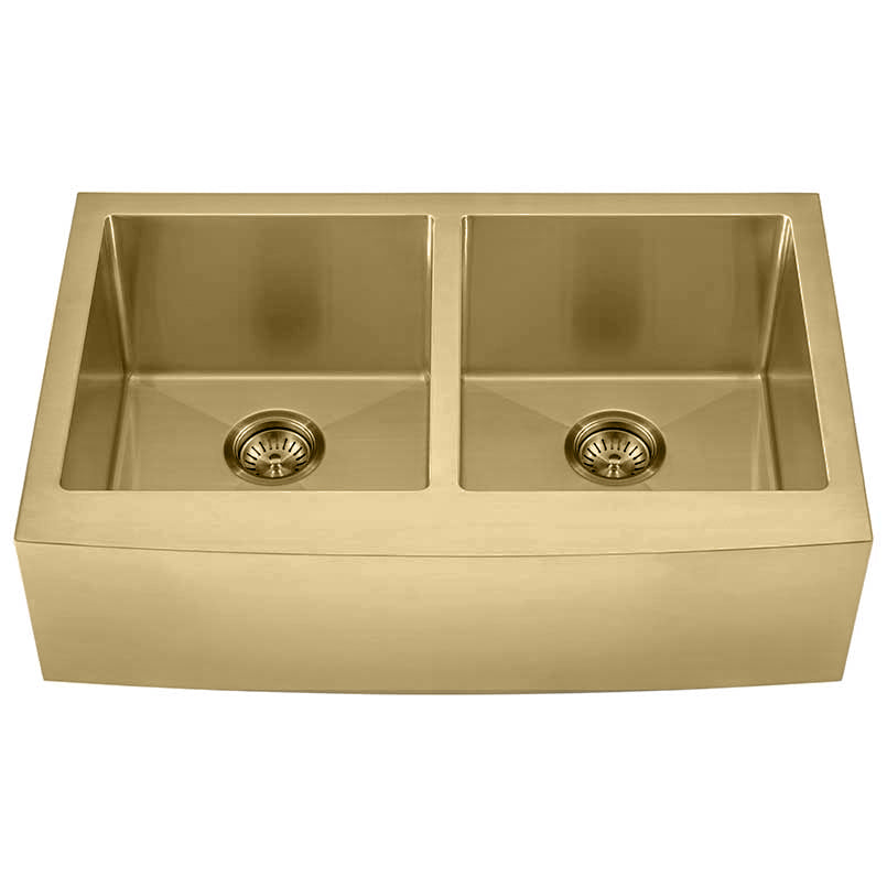Brushed Brass-Matte Gold 50/50 farm apron stainless steel 16 gauge double bowl kitchen sink