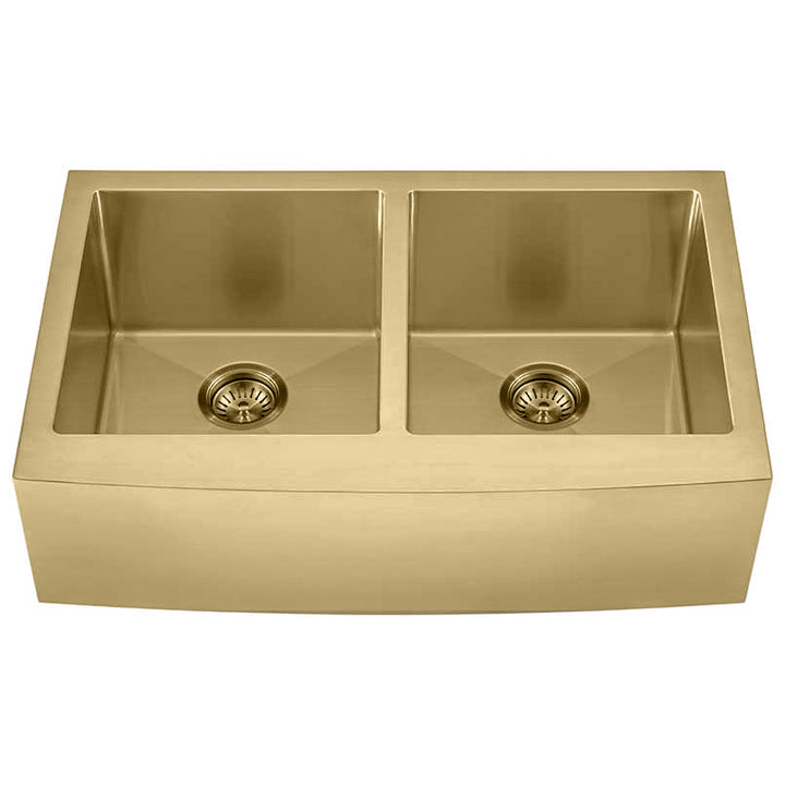 Brushed Brass-Matte Gold 50/50 farm apron stainless steel 16 gauge double bowl kitchen sink