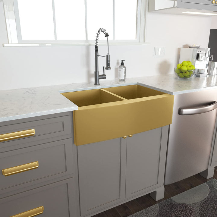 Brushed Brass-Matte Gold 50/50 farm apron stainless steel 16 gauge double bowl kitchen sink