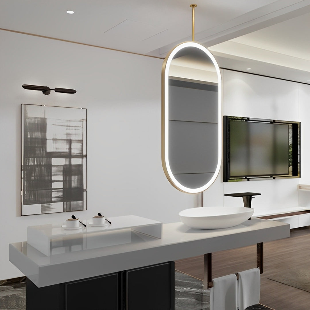 Stock-Brushed gold-Oval ceiling DOUBLE Sided Suspended Ceiling LED Mirrors 30"x42"