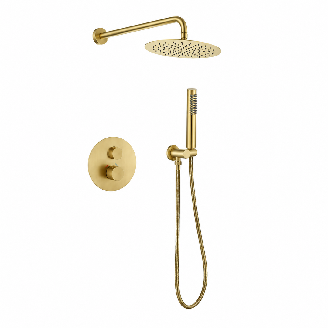 Bugati-Or brossé mat -Rond--CSA-CUPC -Ensemble de douche thermostatique pour salle de bain 10", 12" avec pomme de douche effet pluie, robinet de douche à poignée unique, montage mural