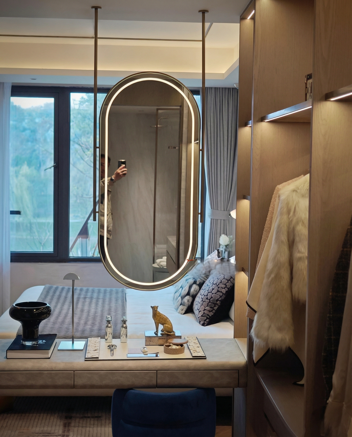 CUSTOM-Paris-Oval 2 pole  1 side Brushed Gold LED Ceiling Mount Mirror