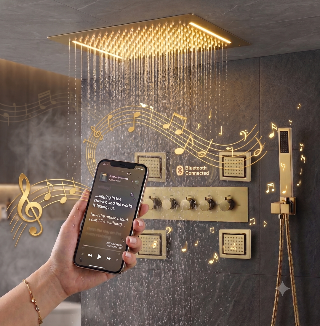 Brushed Gold Spa LED Ceiling Mount Flush  LED 23" X 15"  Waterfall,Mist 5 Way functions shower system