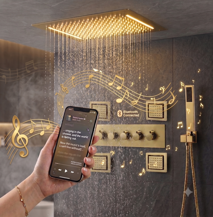 Brushed Gold Spa LED Ceiling Mount Flush  LED 23" X 15"  Waterfall,Mist 5 Way functions shower system